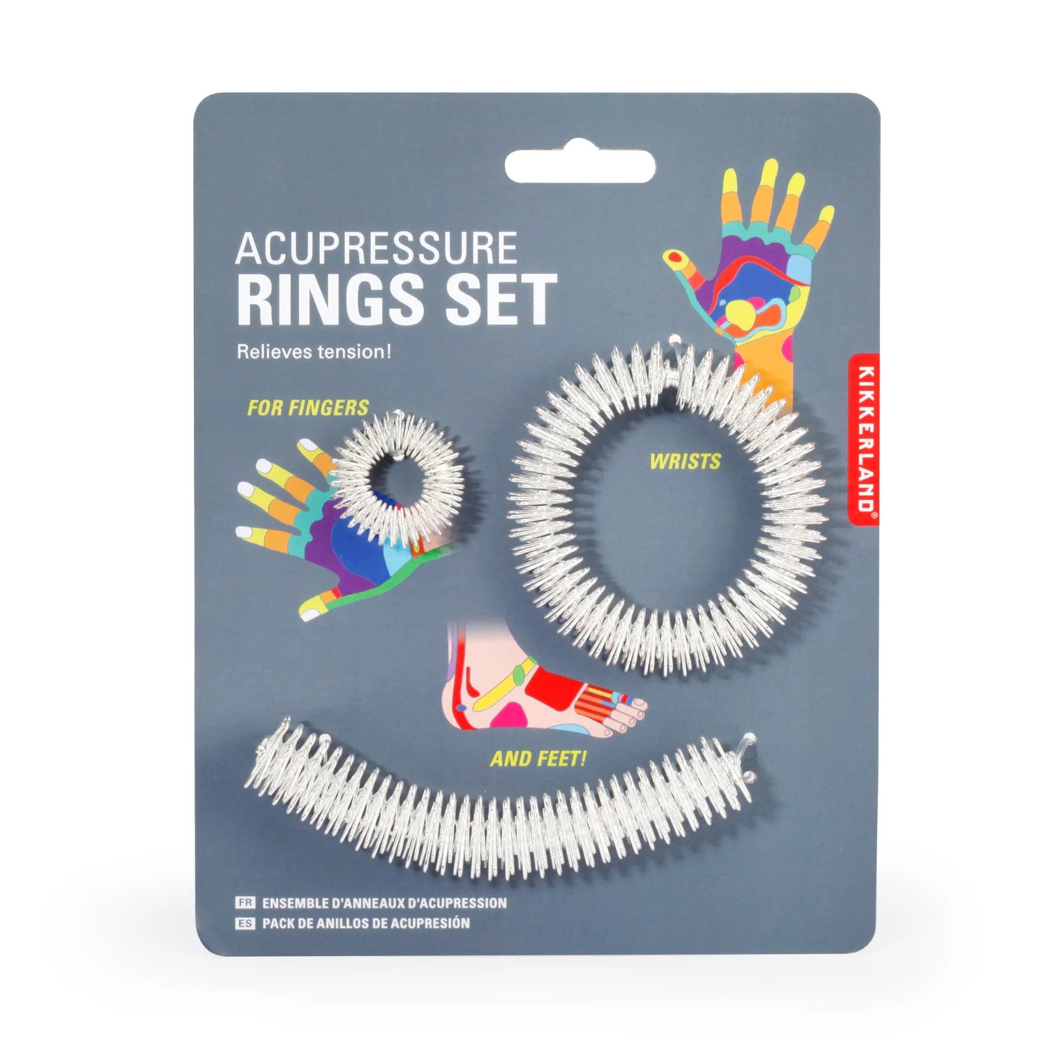 Three reflexology acupressure rings in silver, gold, and rose gold colors, designed for massage and relaxation.