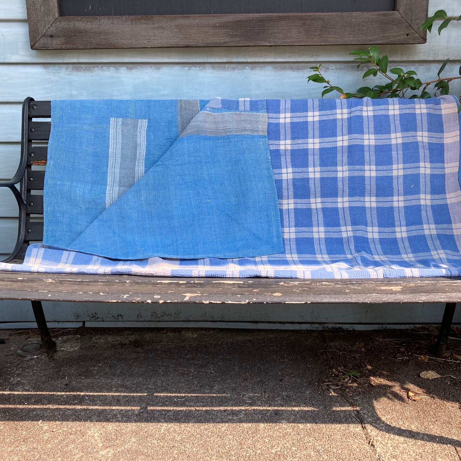 Vintage Kantha Quilt - Blue Plaid